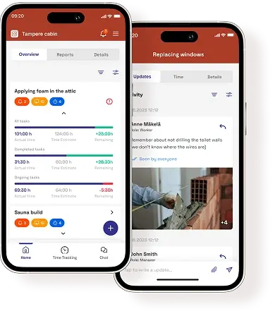 Buildbite mobile app showing job overview, time tracking and activity feed