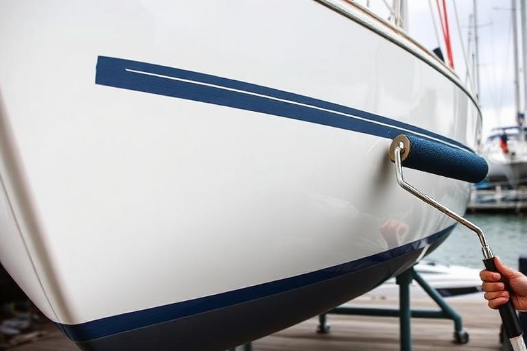 Antifouling paint being rolled onto a yacht hull