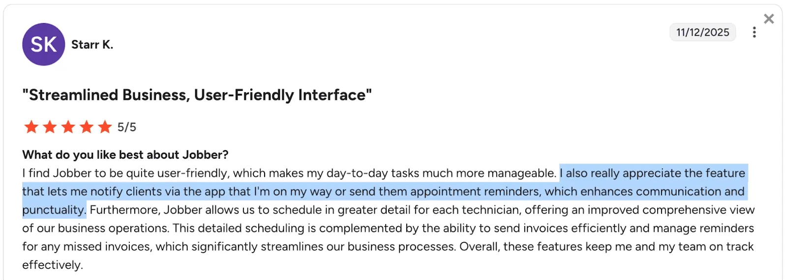 Jobber G2 review describing automated client follow-ups