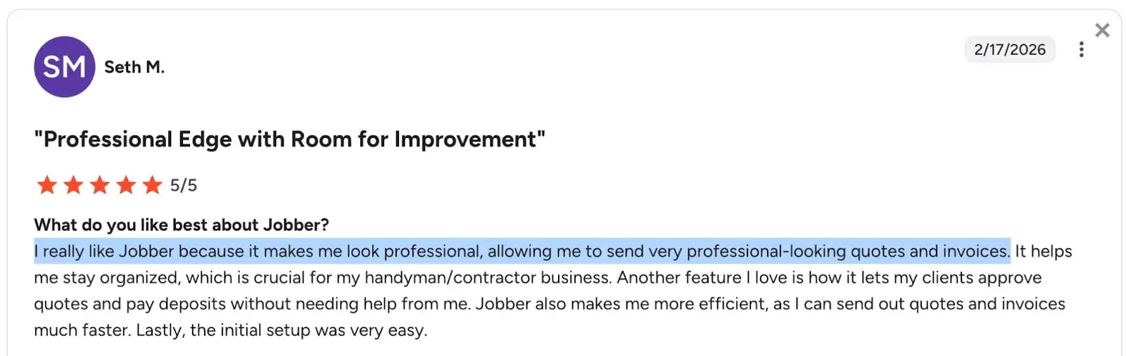 Jobber G2 review praising quoting and invoicing workflow