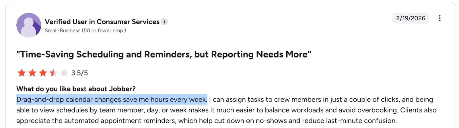 Jobber G2 review praising scheduling