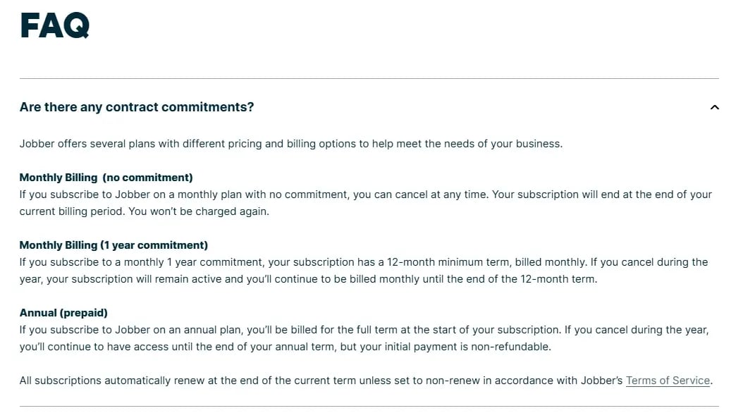 Jobber’s FAQ explaining how contract commitments work